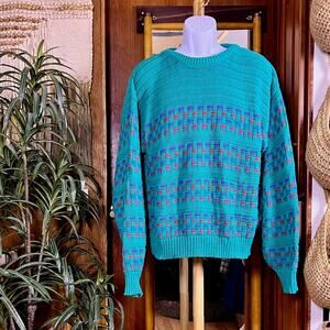 Vintage Colours Alexander Julian Sweater Mens XL Teal Geometric Cotton Knit USA